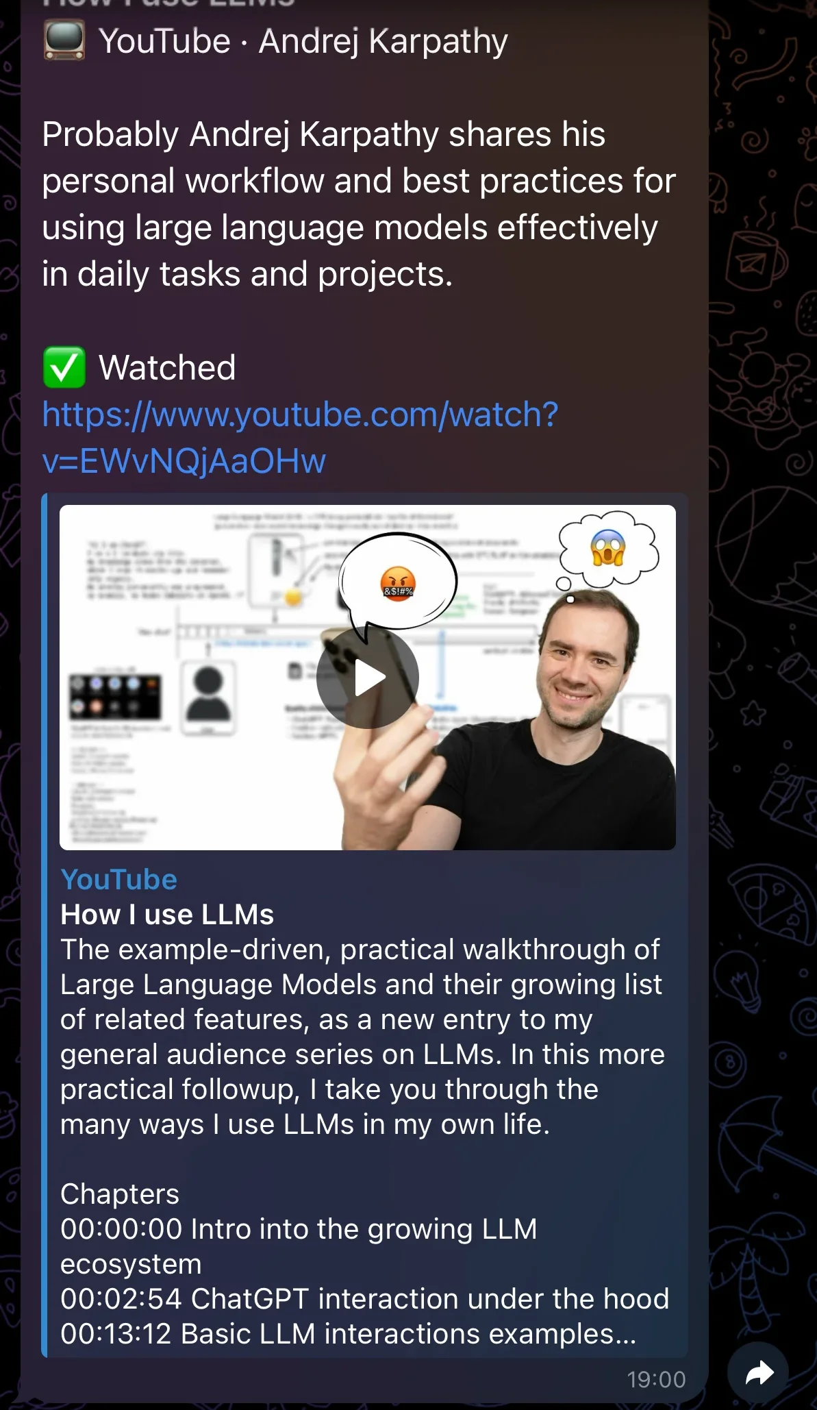 A digest item marked as watched, with the video link unfurled below it in the chat