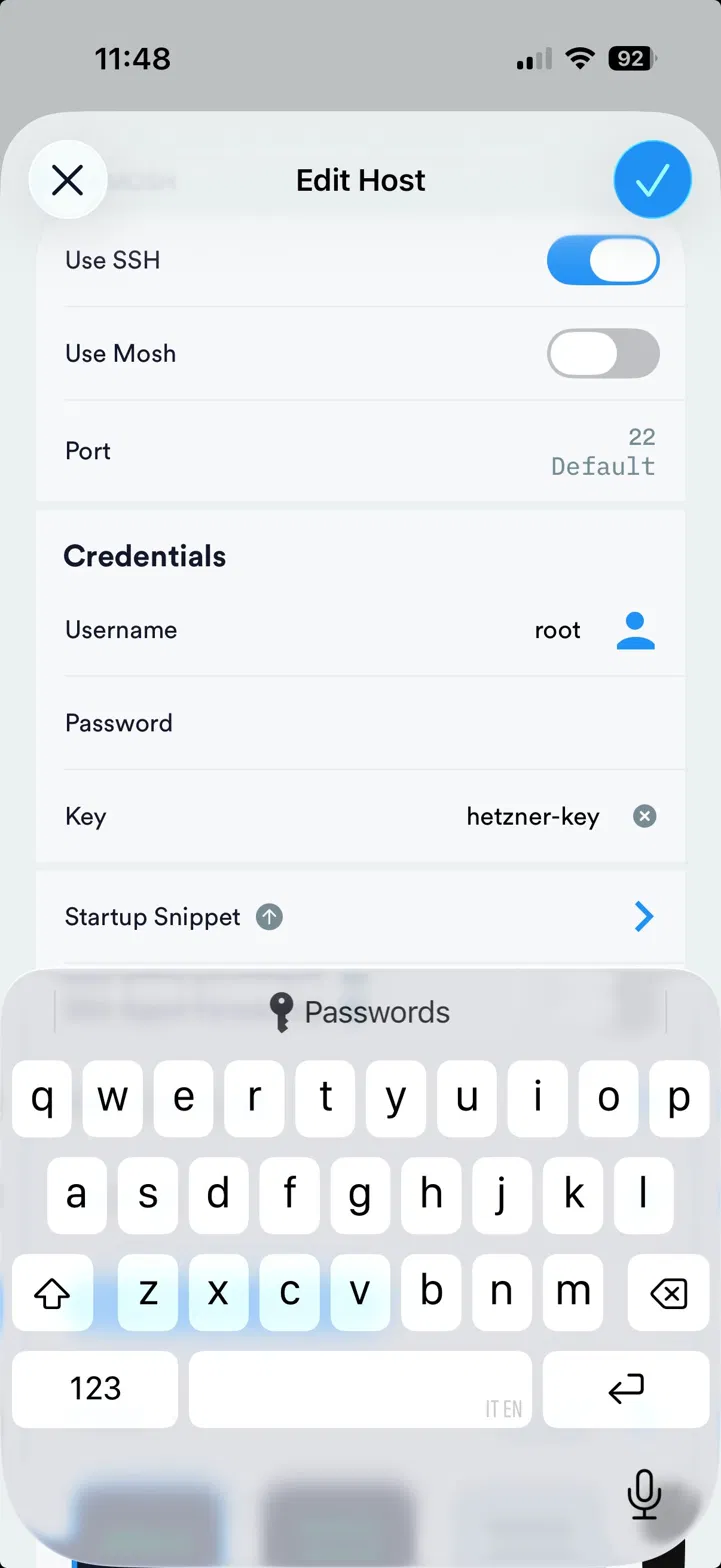 Termius host configured with root username and hetzner-key