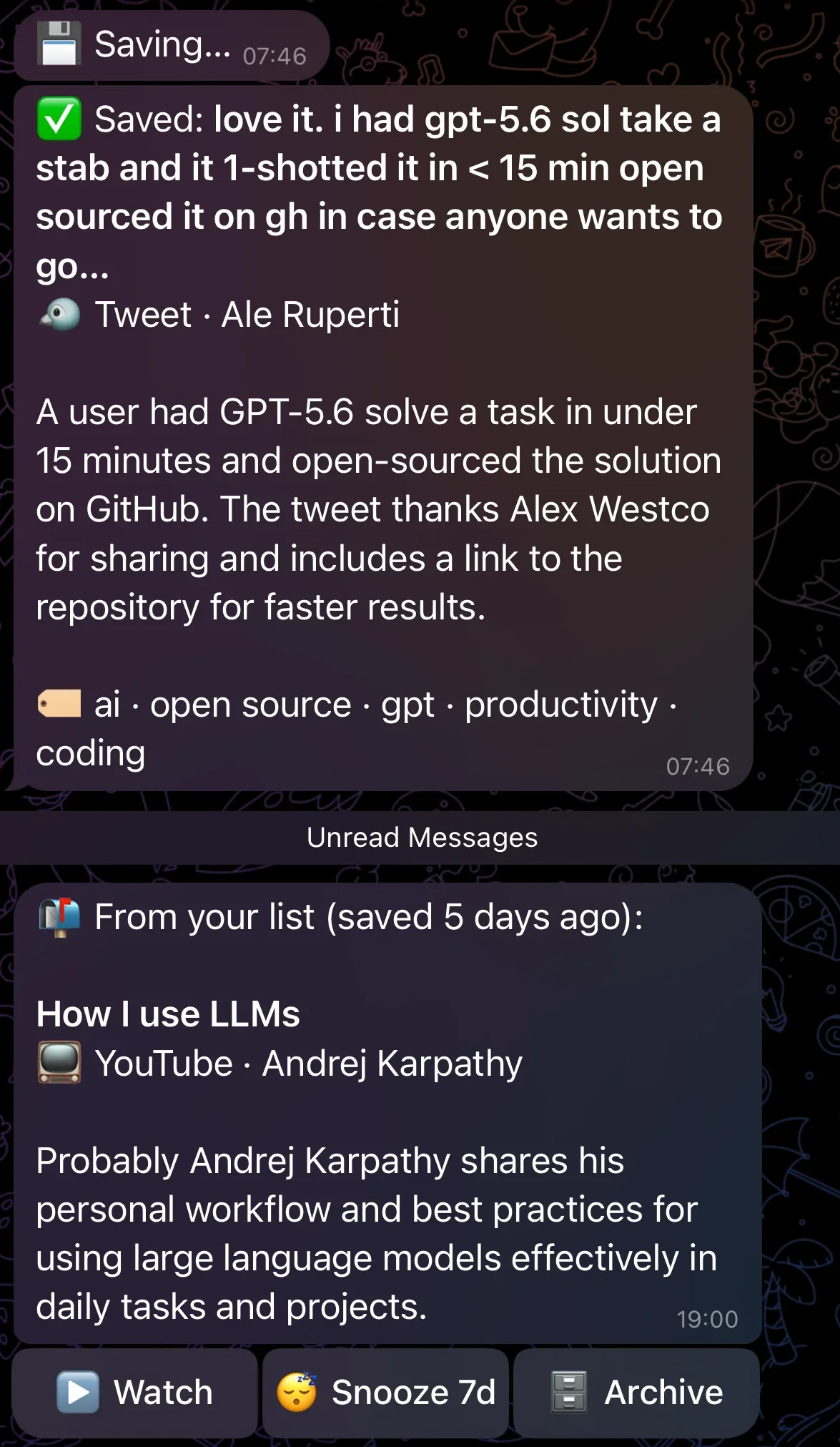 A digest item marked as watched, with the video link unfurled below it in the chat