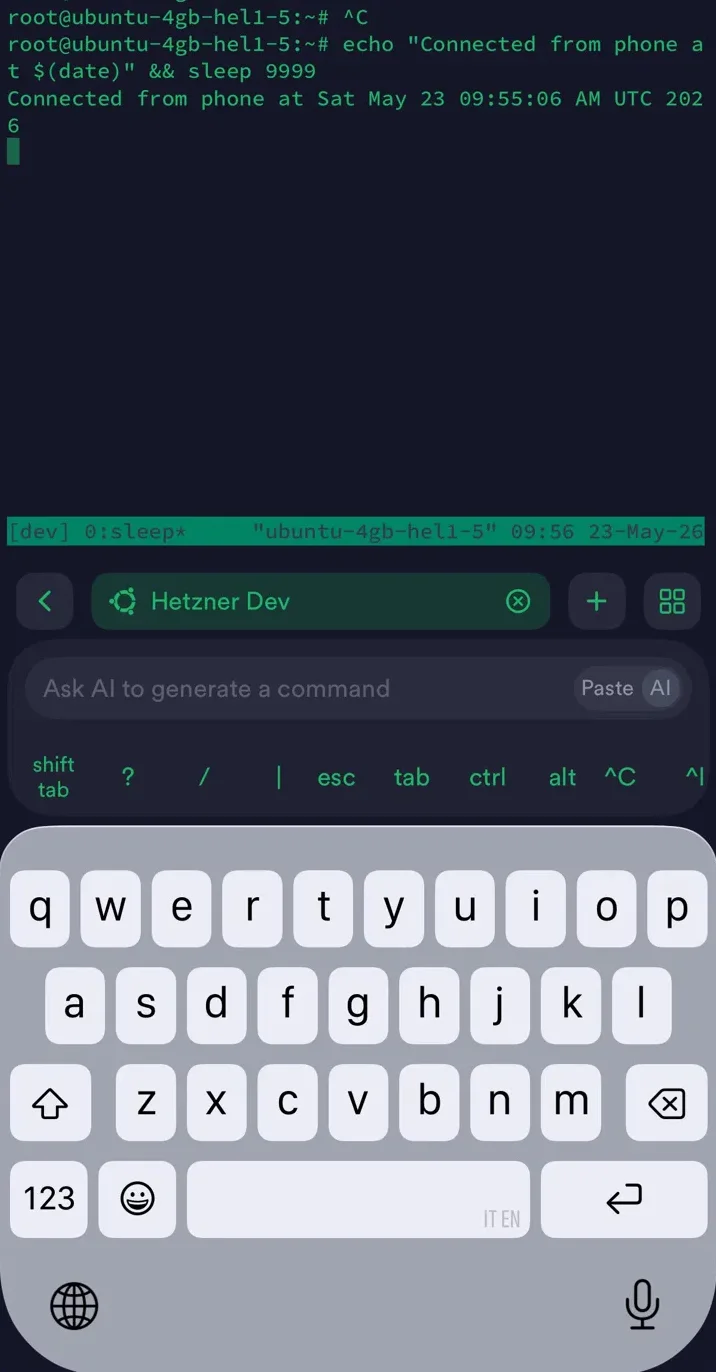 Tmux session running from iPhone showing the green status bar
