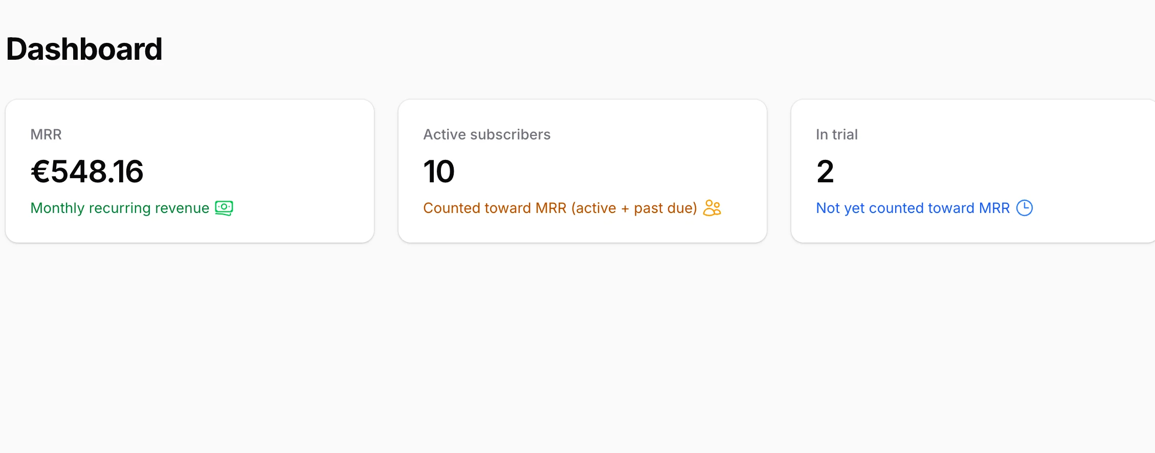 Filament Billing MRR dashboard widget showing monthly recurring revenue, active subscribers, and in-trial counts