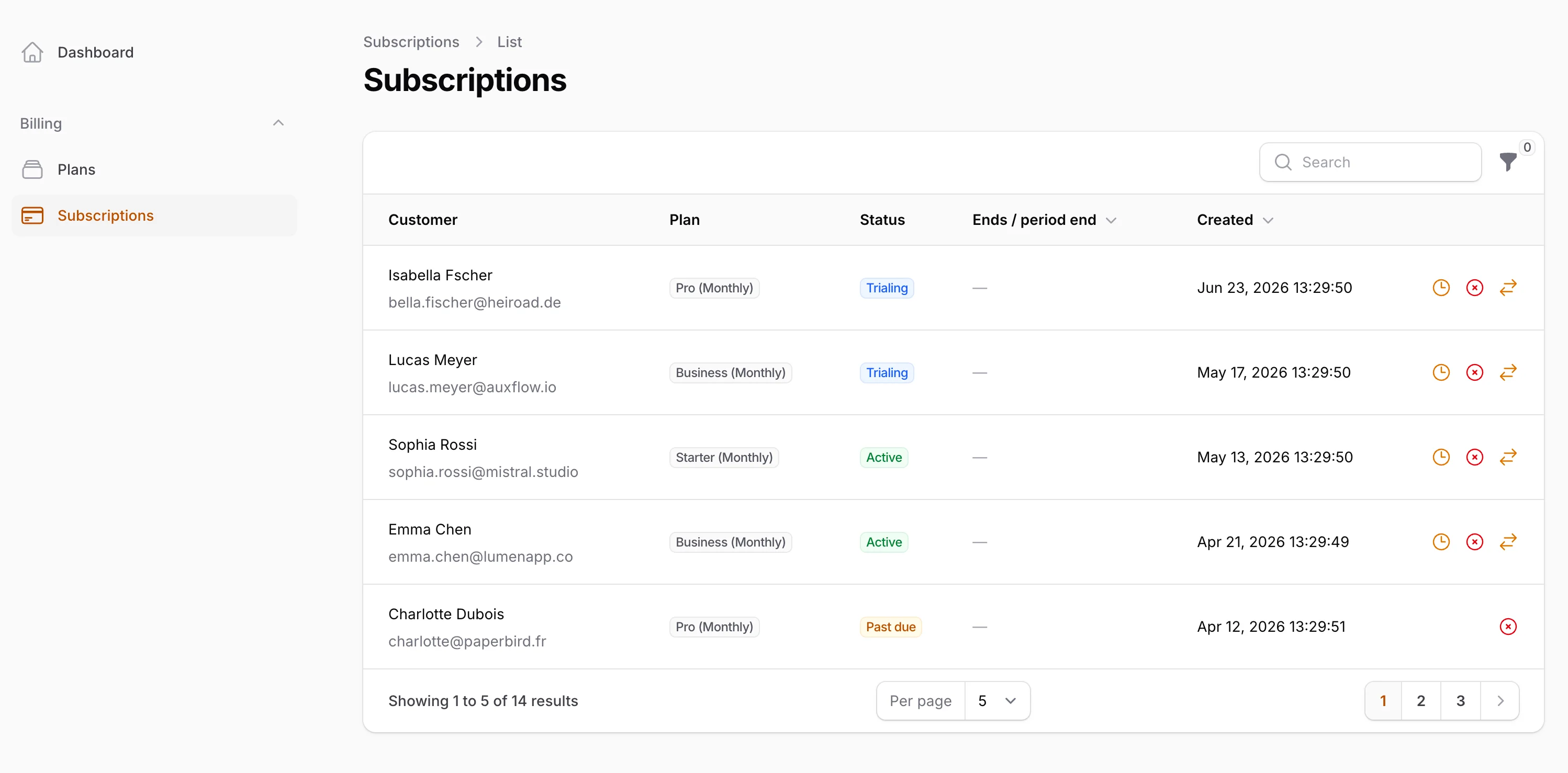 Filament Billing subscriptions list showing customer plans, statuses, and cancel, resume, and swap row actions