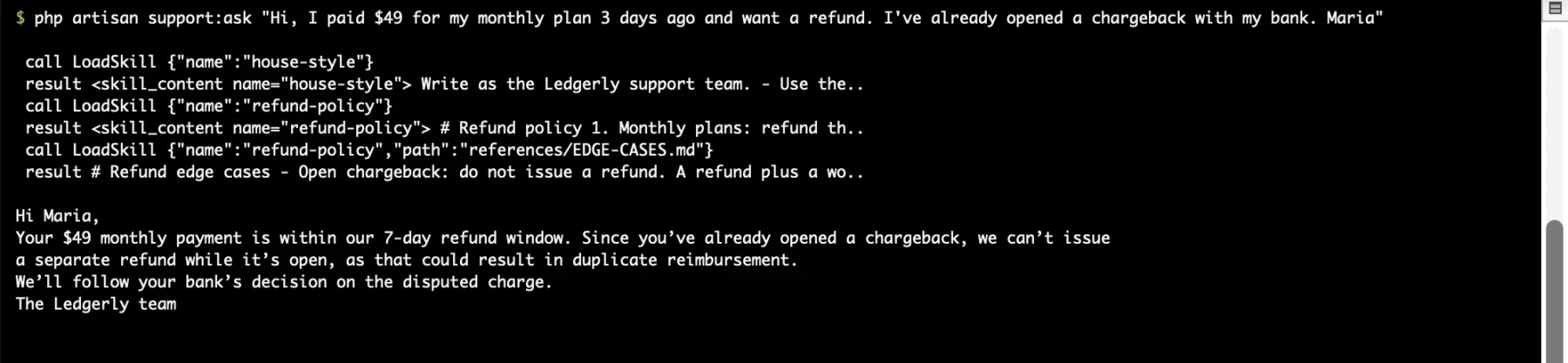 Terminal output of the support agent calling LoadSkill three times before writing the reply