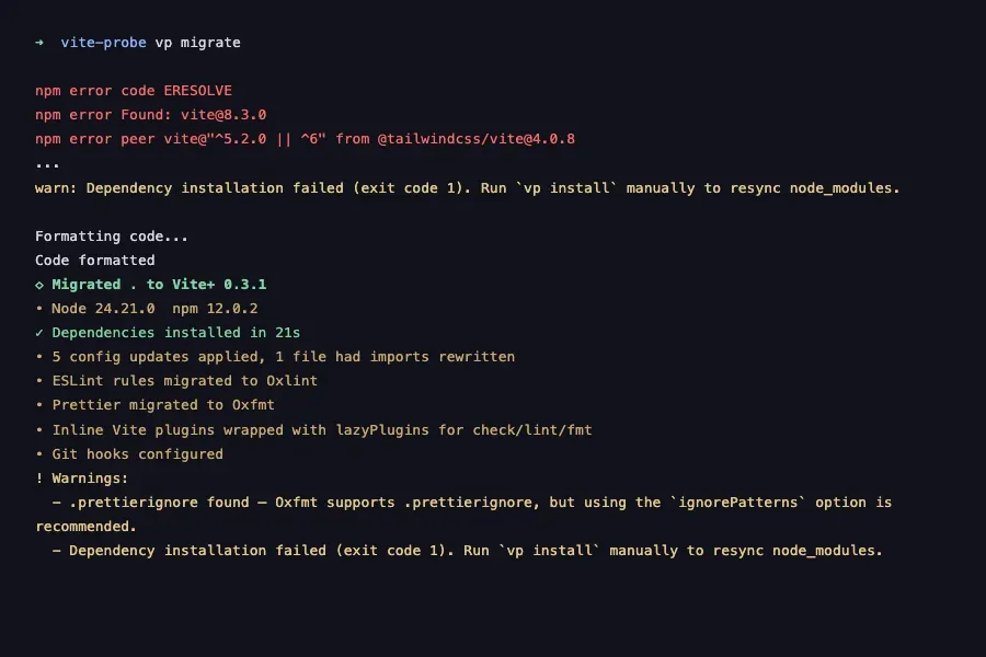 vp migrate reporting a successful migration directly below a warning that dependency installation failed
