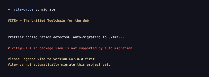 vp migrate refusing to run against a starter kit on Vite 6.1.1