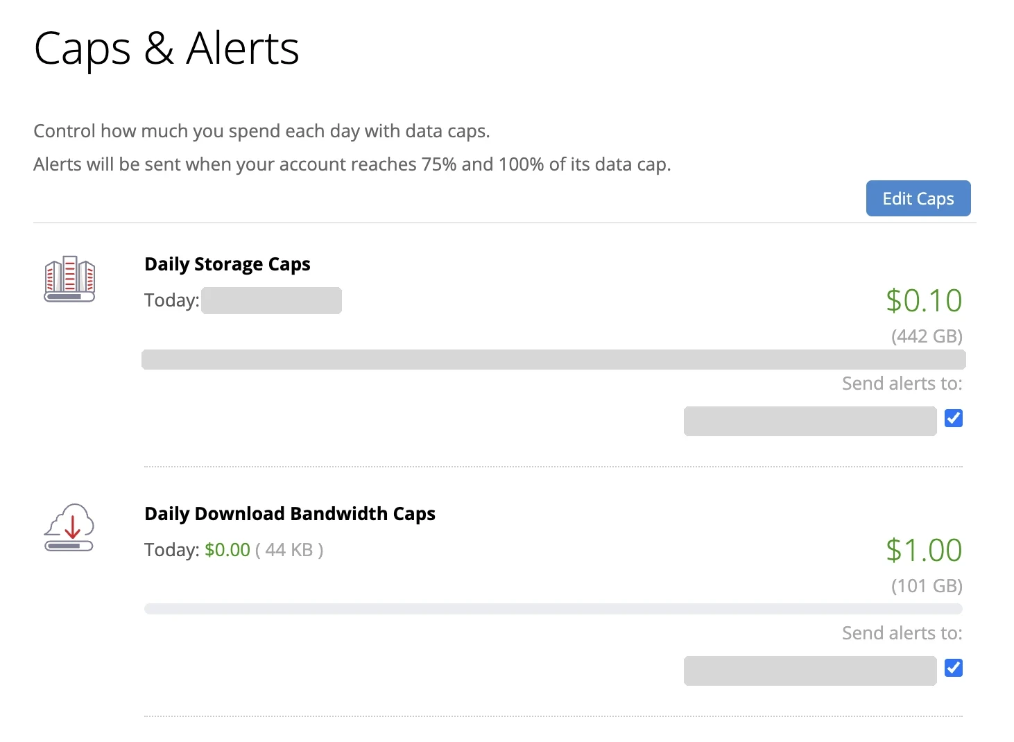 B2 Caps and Alerts with storage and download caps set by hand