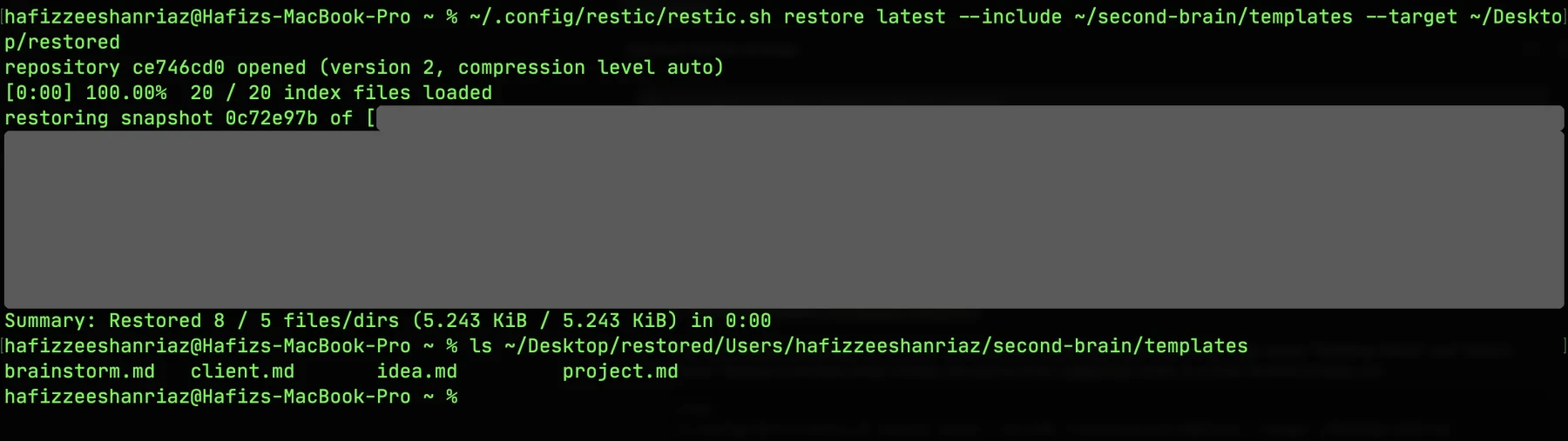 Restoring one folder from the latest snapshot into ~/Desktop/restored