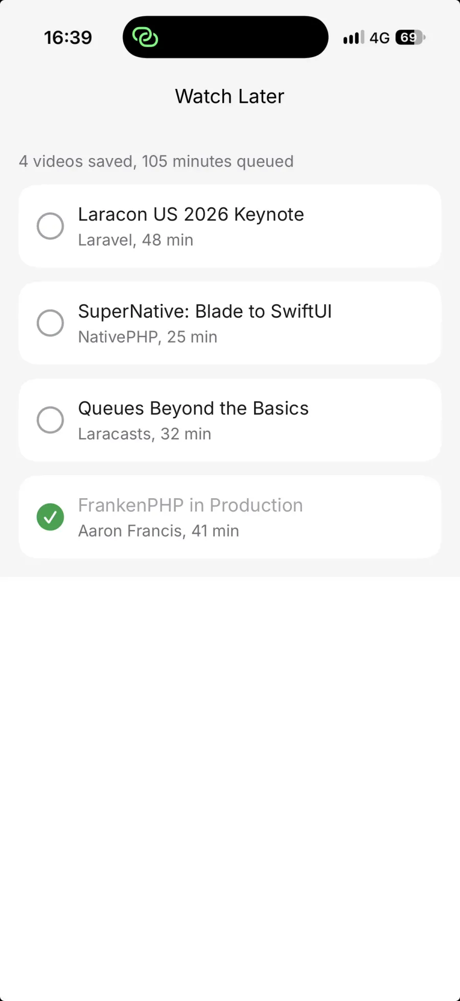 The Watch Later screen rendering as native SwiftUI via Jump