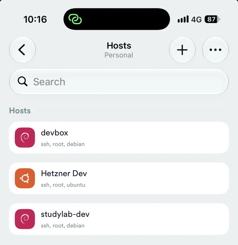 Termius on the phone, one host per project